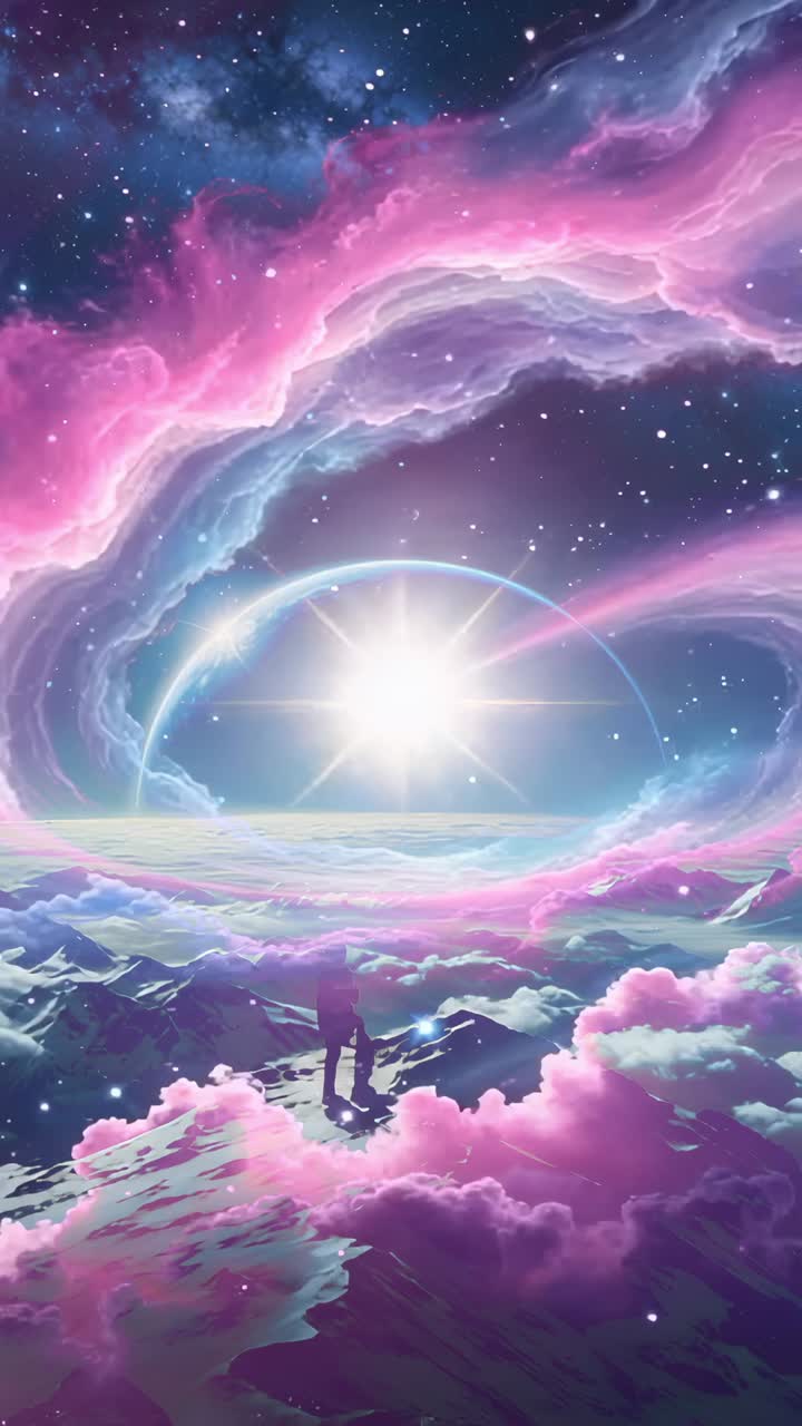 Vertical video: Parting cloud bands revealing glowing orb above ridge, explorer silhouette gazing