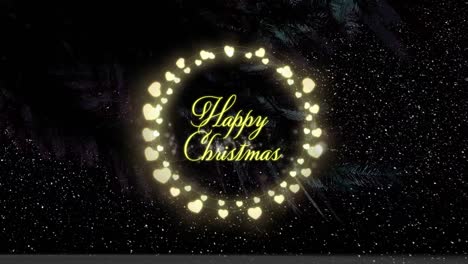 Animation-of-happy-christmas-text-in-fairy-lights-frame-over-snow-falling-on-black-background