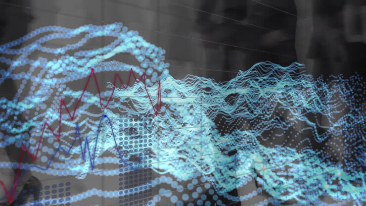 Animation of financial data processing and glowing lines over pedestrians walking in fast motion