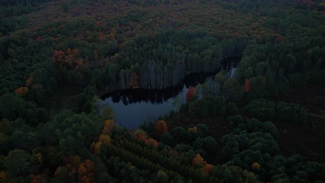 Impresionantes-Imágenes-De-Video-De-Drones-Aéreos-Del-Colorido-Dosel-Otoñal-Y-El-Estanque-Del-Bosque-Por-La-Noche