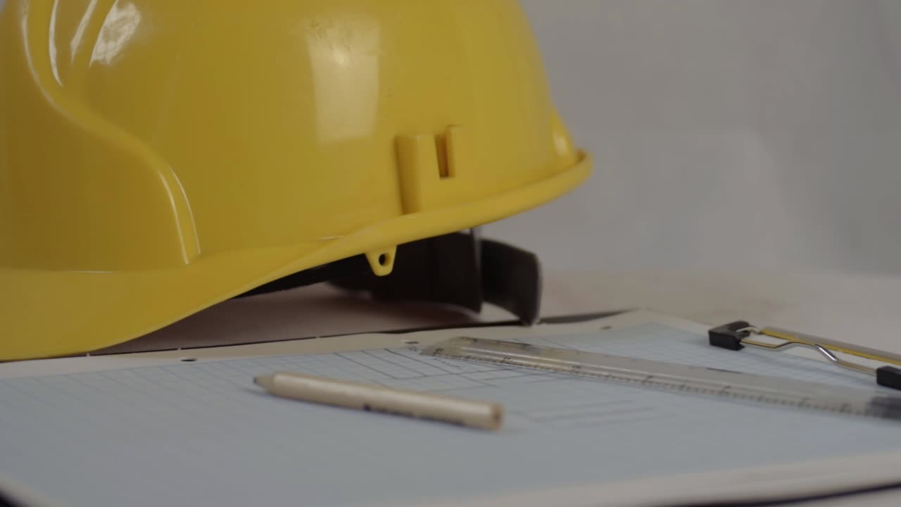 Pencil and drawings on graph paper with ruler and yellow hard safety hat medium panning