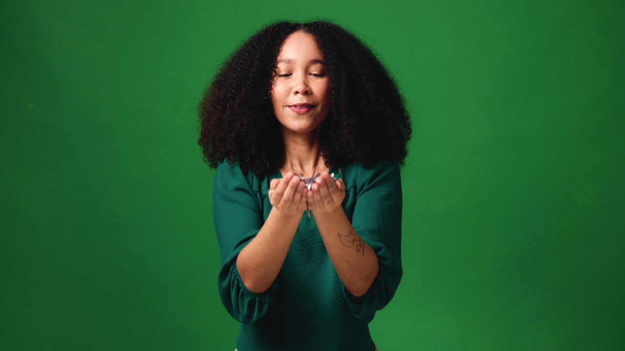 Woman Celebrating with Confetti on Green Screen