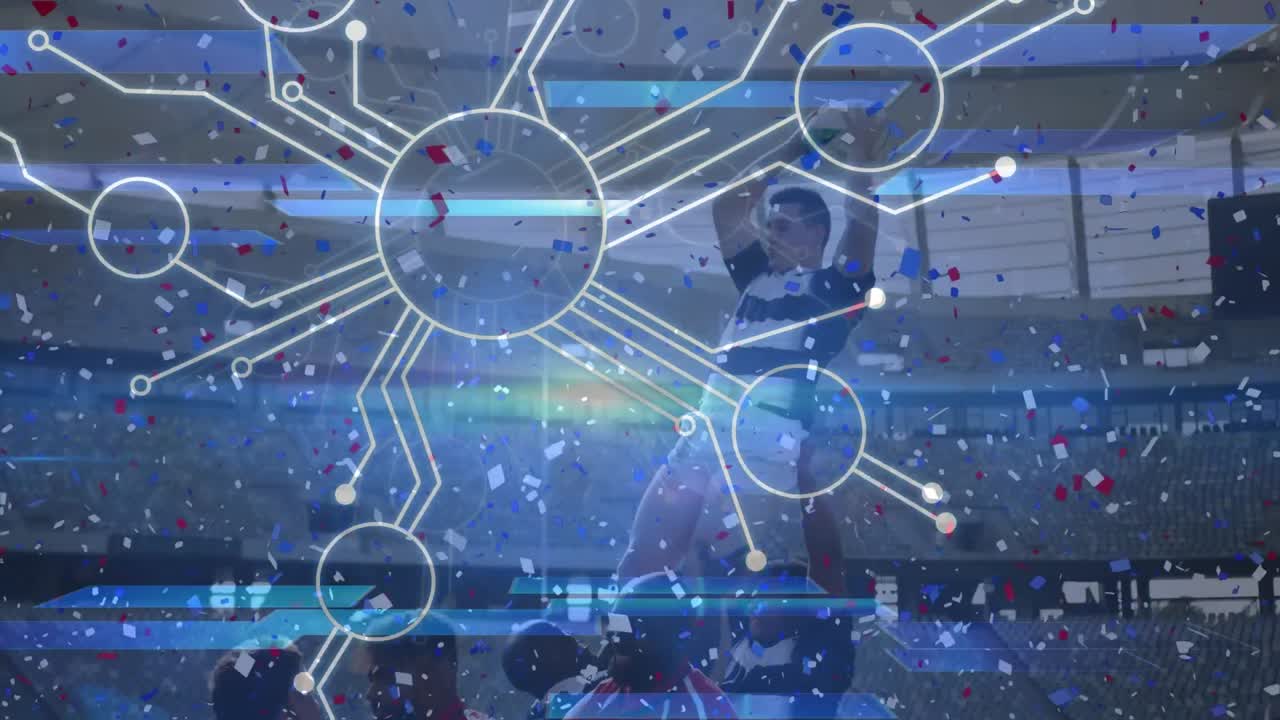 다양한 남성 축구 선수들이 우승을 축하하는 연결과 콘페티의 애니메이션