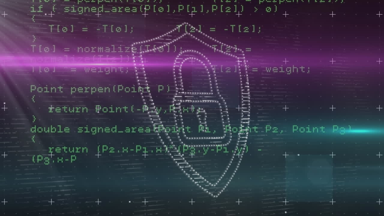 Animation of purple and green light trails over security padlock icon against black background