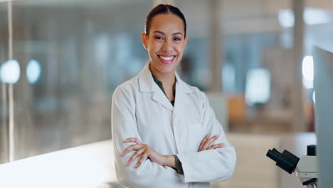 Lab-woman,-arms-crossed-and-scientist-smile
