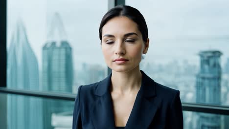 confident businesswoman looking out of office window