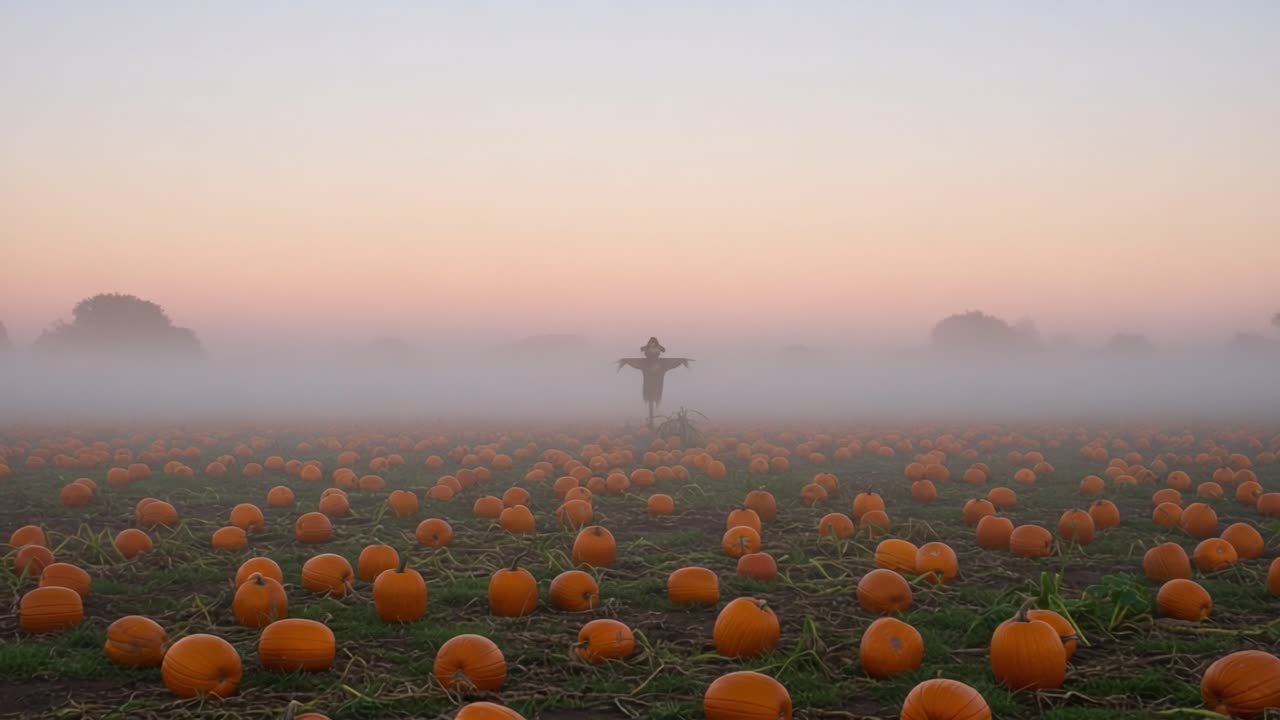 Captivating Morning Mist Over a Pumpkin Field with Scarecrow: A Serene Autumn Landscape Bathed in Soft Orange and Fog