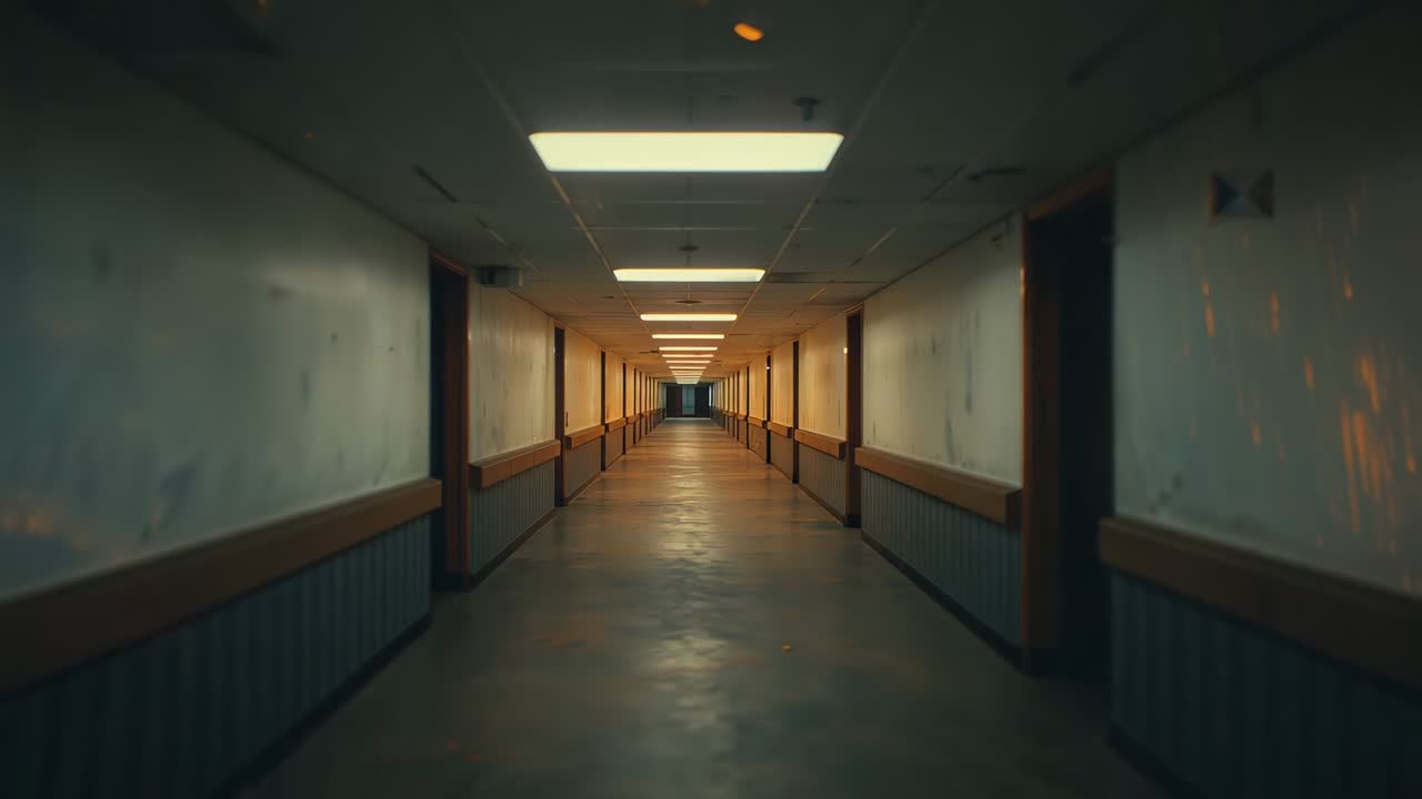Camera initiating push, institutional corridor gliding forward revealing dark doorway and handrails