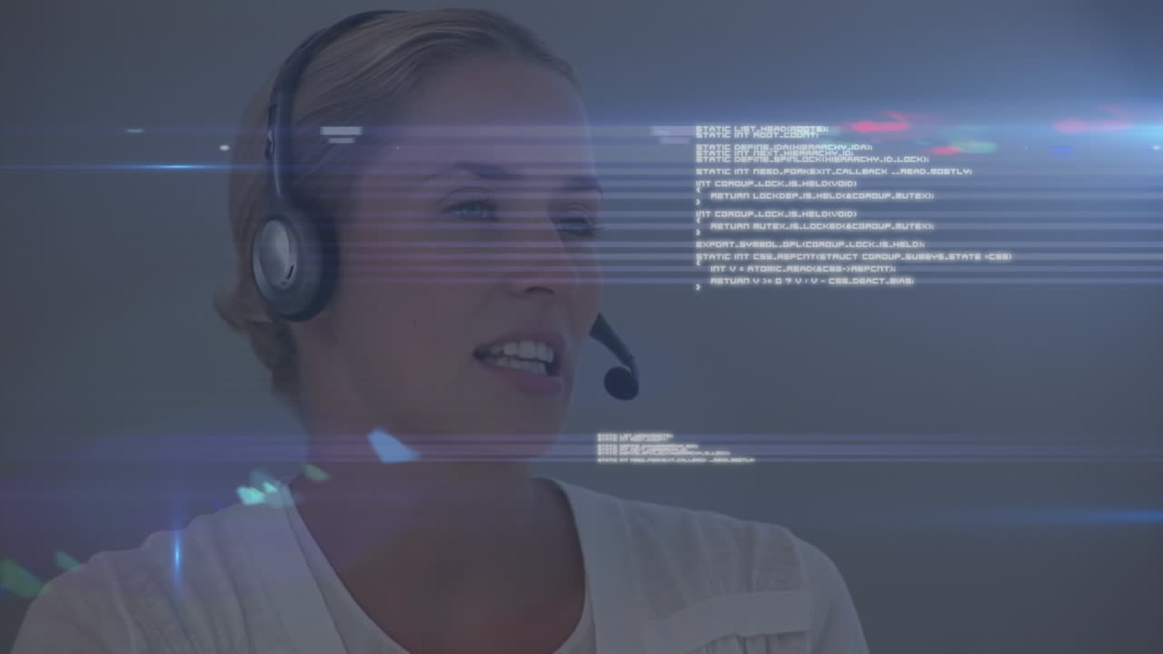 Animation of data processing over woman wearing phone headset