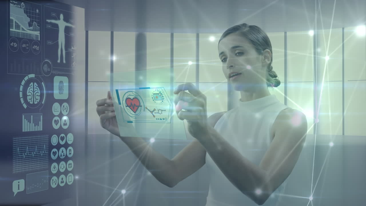 Animation of network of connections over caucasian businesswoman holding futuristic tablet at office