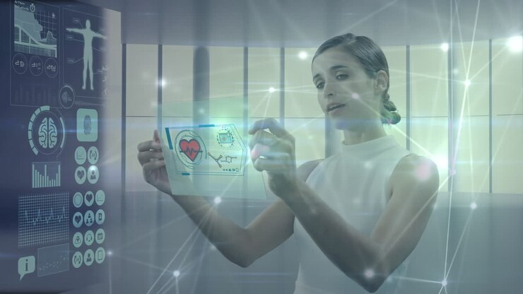 Animation of network of connections over caucasian businesswoman holding futuristic tablet at office