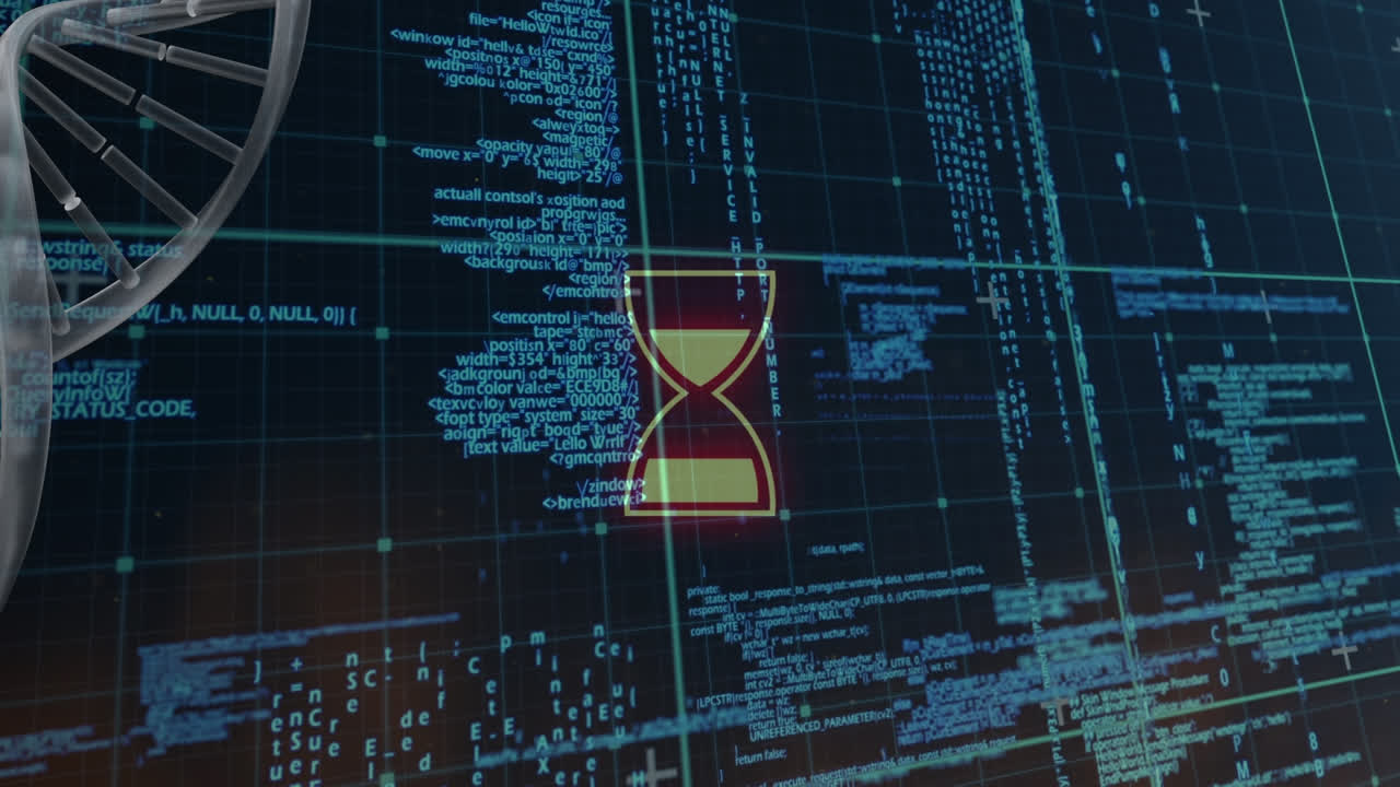 Animation of spinning dna strand over grid and globe