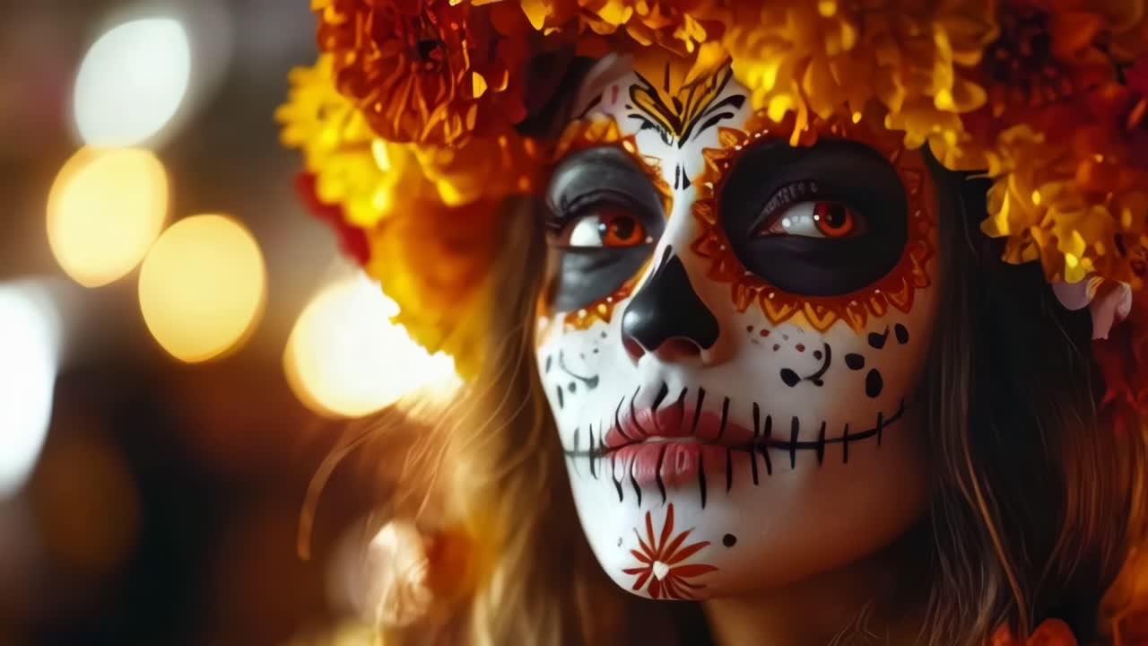 Vibrant Dia de los Muertos celebration with woman in skull makeup and floral attire