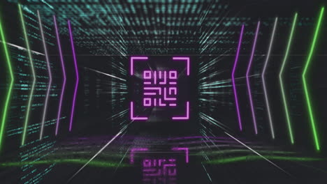 escáner de código qr con elementos de neón contra el procesamiento de datos