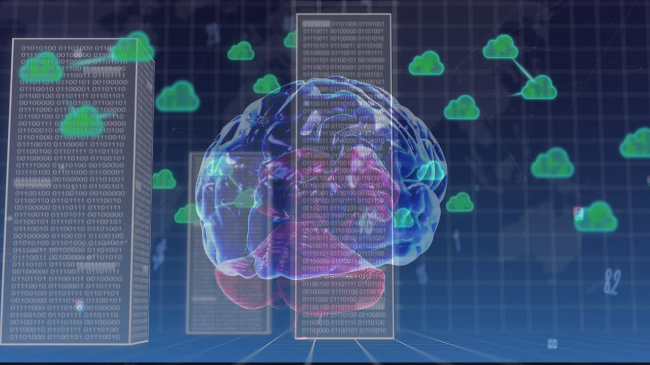 Animation of rotating brain, clouds and data processing over grid and dark blue background