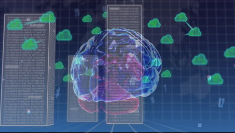 animación de cerebro giratorio, nubes y procesamiento de datos sobre cuadrícula y fondo azul oscuro