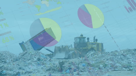 datos estadísticos contra la excavadora que trabaja en el vertedero con aves en el cielo