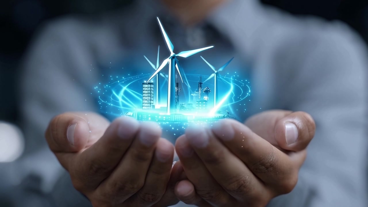 Man Holding Holographic Smart City with Renewable Energy Wind Turbines