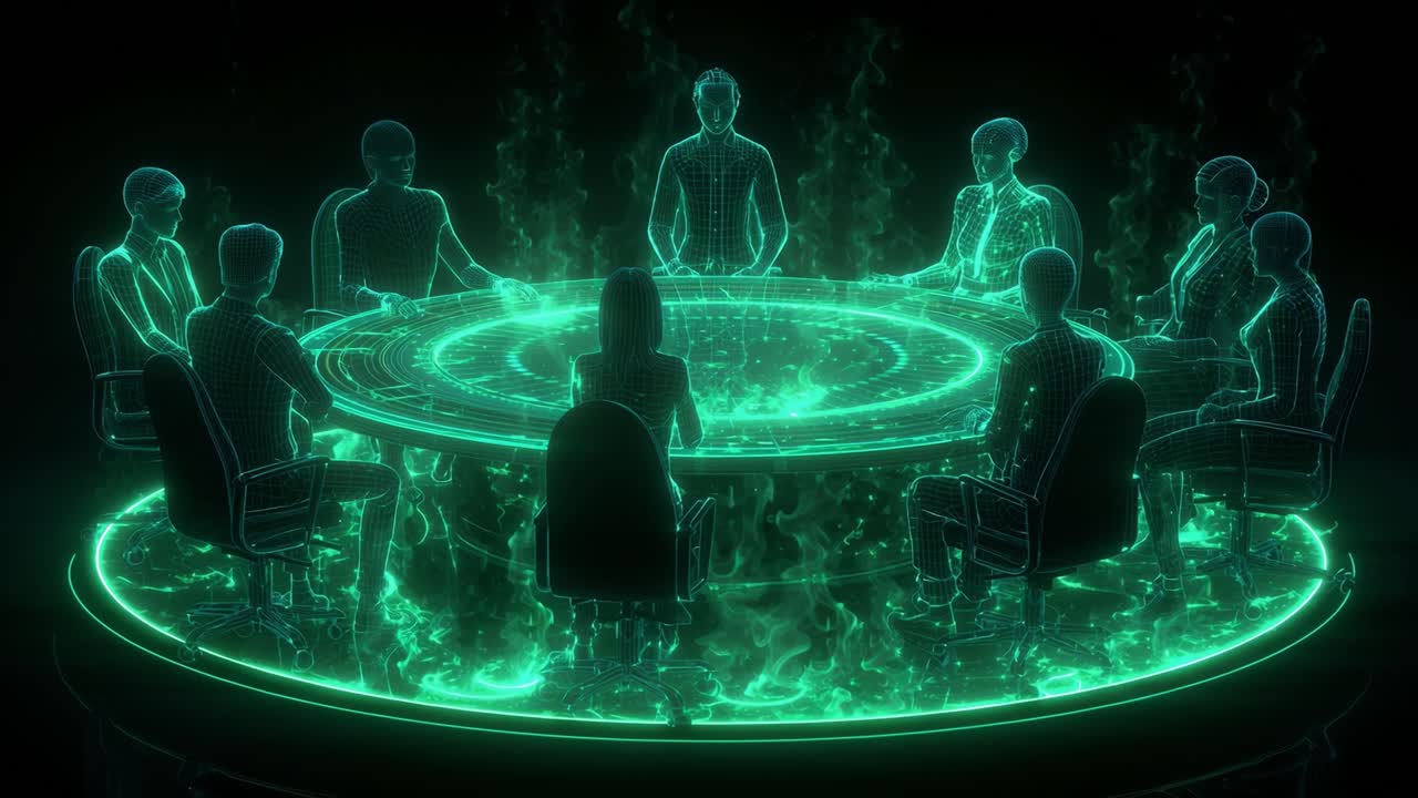 A gathering of ethereal figures around a luminescent circular table, showcasing a mysterious meeting under a digital green glow as they engage in deep conversation and enigmatic dialogue
