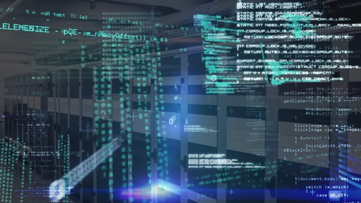 Animation of binary codes over computer language and lens flares against server room