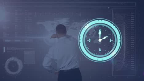 animation of clock moving over blue background with diverse data and caucasian businessman