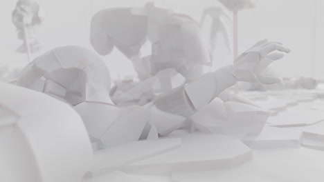 white, crushed android shells on spikes on a foggy junkyard
