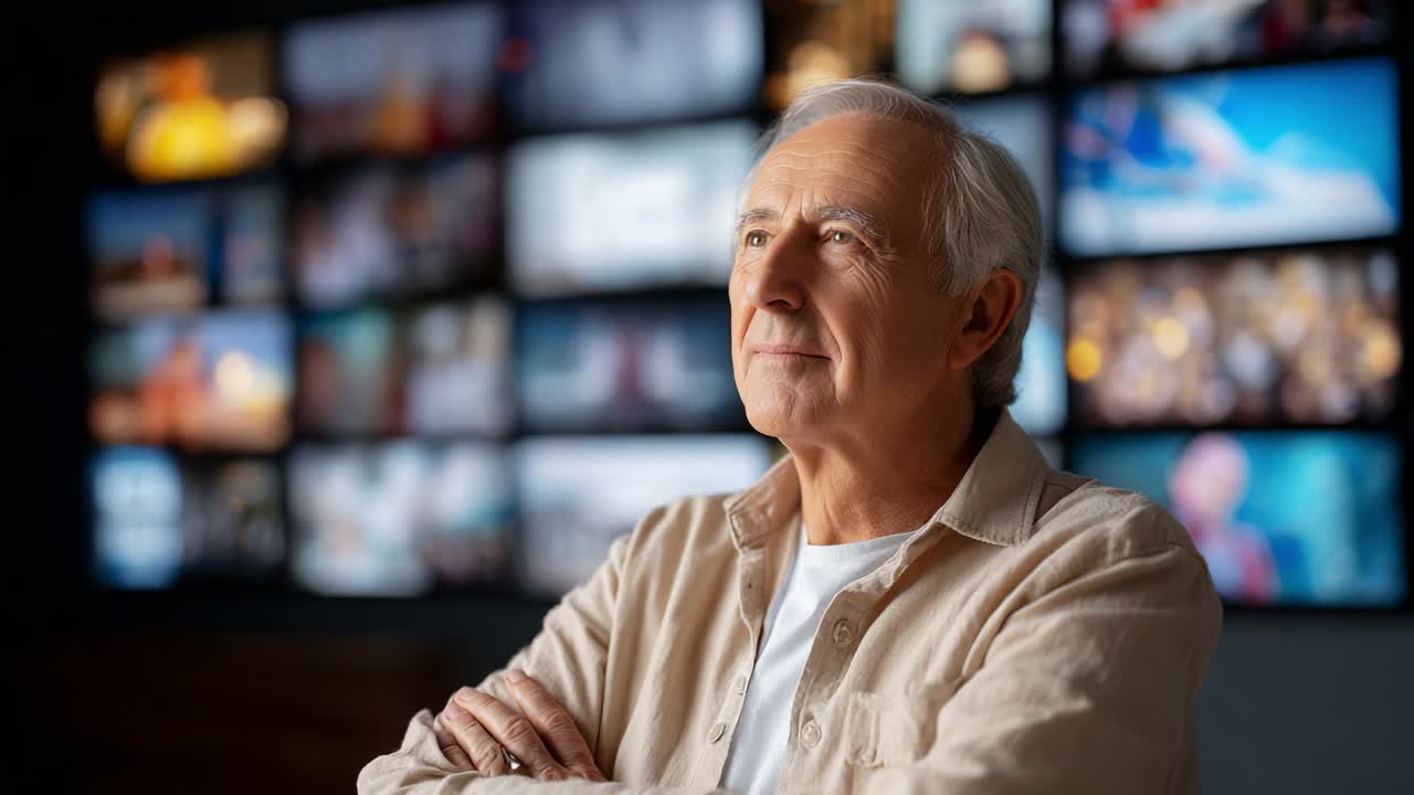 Contemplative Senior Man Engaged in Thoughtful Reflection with Multimedia Displays in Background, Symbolizing Wisdom and Experience Across Generations Within a Modern Visual Environment