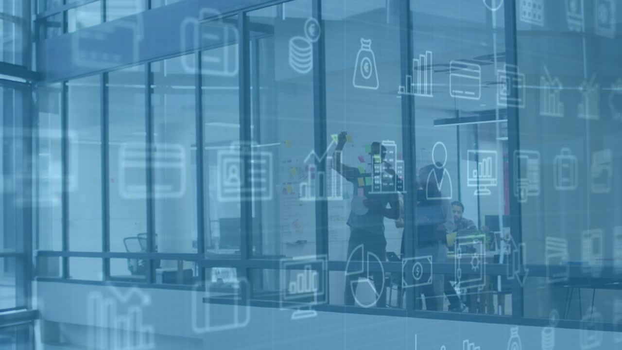 다양한 동료들이 일을 논의하는 비즈니스 아이콘의 애니메이션