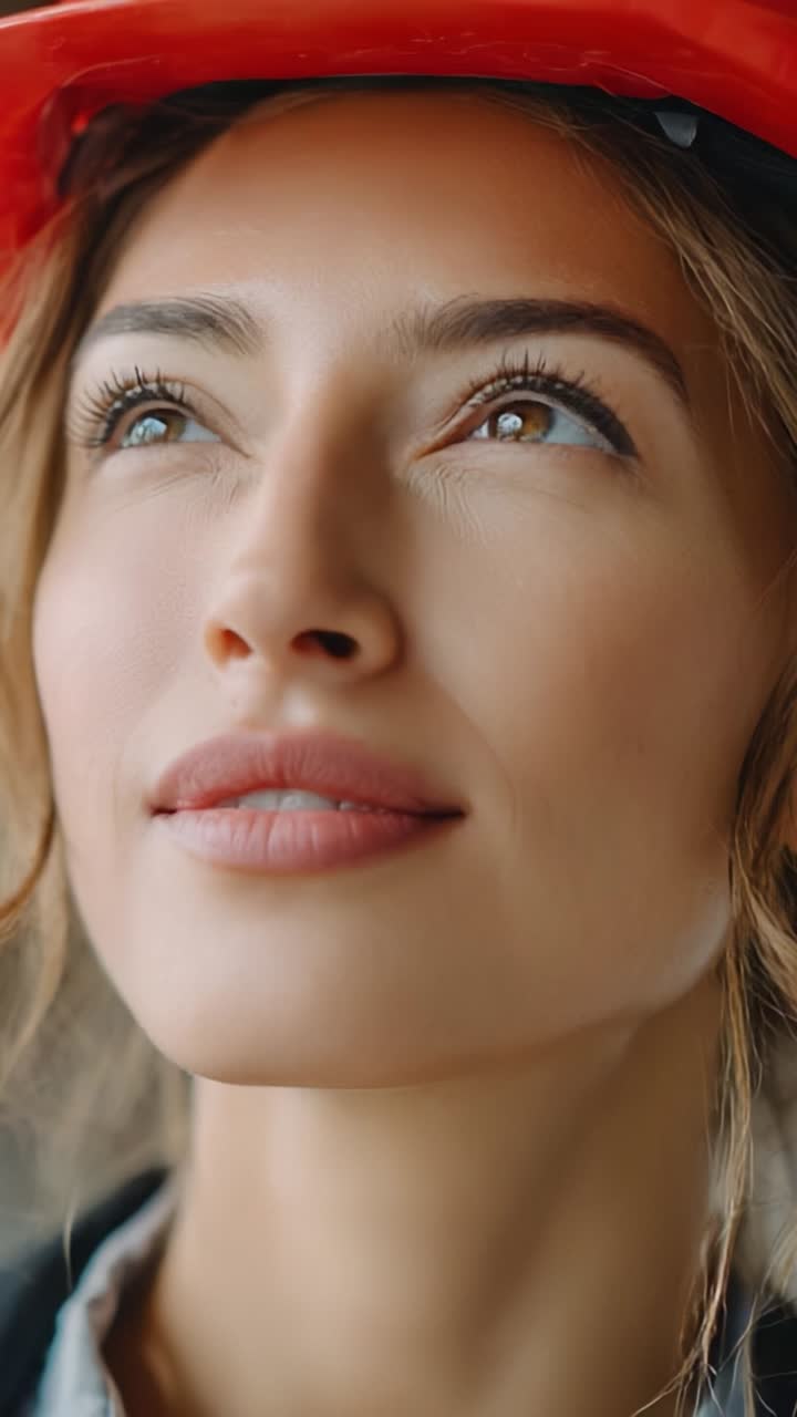 A Woman Wearing a Safety Helmet Looks Upward With Determination, Reflecting Confidence and Purpose in a Constructive Environment. Her Focus Is Inspiring