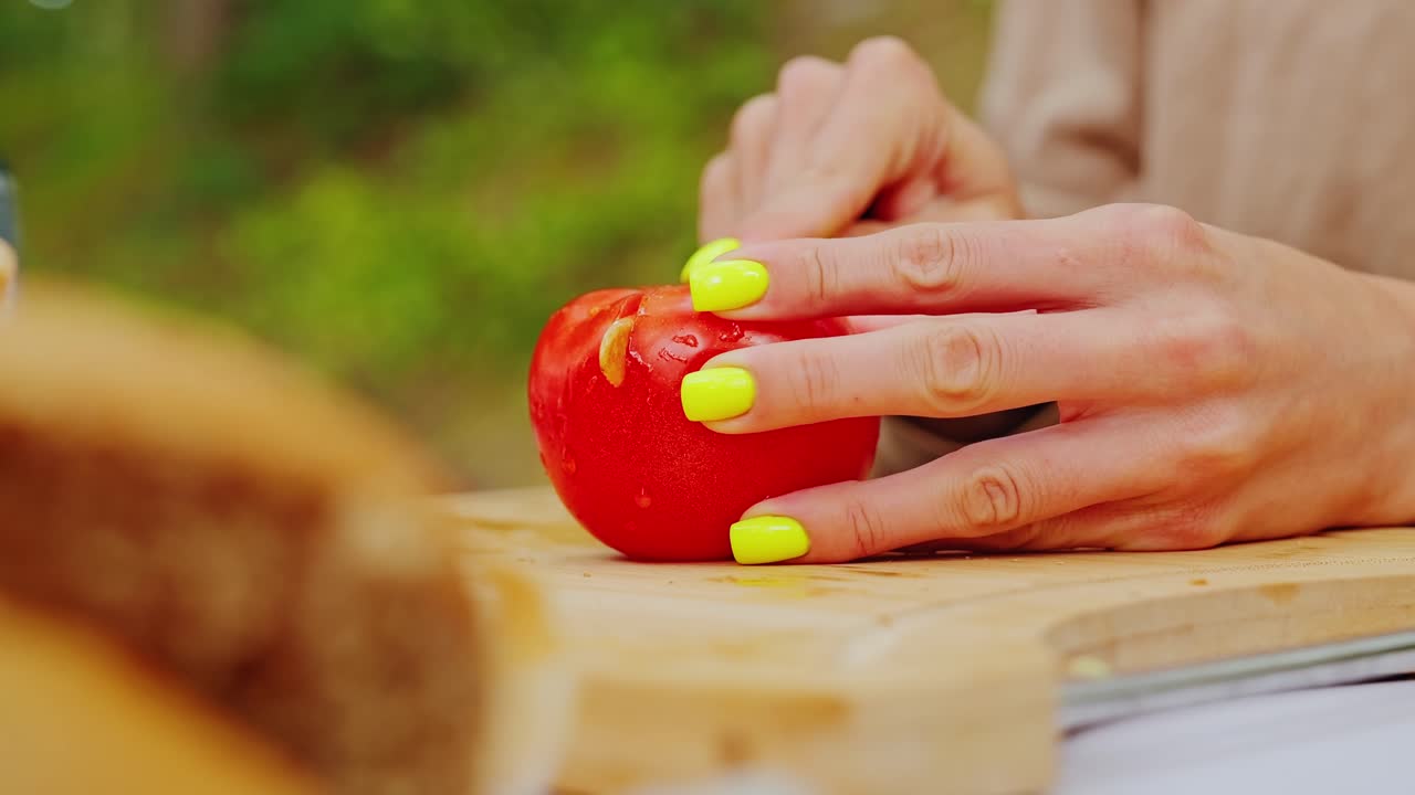 Sustainable food prep scene with natural tools and vivid countryside tones