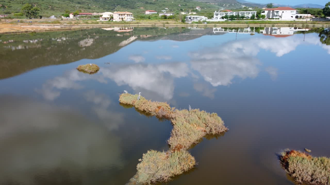 알리케스 섬의 소금 호수에 있는 새들 (zakynthos 섬, 그리스)