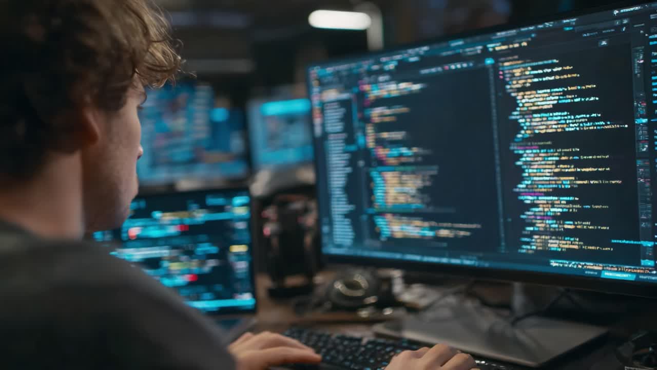 A Programmer Deeply Engaged in Coding at a Modern Workspace with Multiple Monitors Displaying Lines of Code and Complex Data Analysis