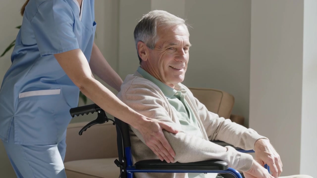 Pflegekraft legt Hand auf Rollstuhlgriffe, schiebt Senior zum Lounge-Fenster, Sonnenlicht fällt auf das Gesicht.