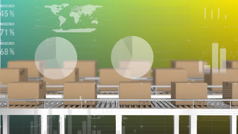 animation of world map, multiple graphs and reports over cardboard boxes moving on conveyor belt