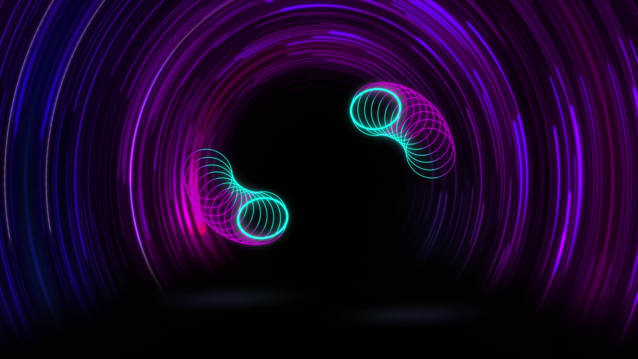 검은 바탕에 네온 원과 나선형의 애니메이션