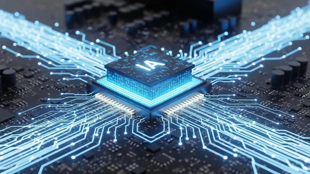 A Stunning Close-Up of a High-Tech Microchip with Advanced Circuitry Illustrating the Future of Artificial Intelligence and Digital Connectivity in Modern Technology