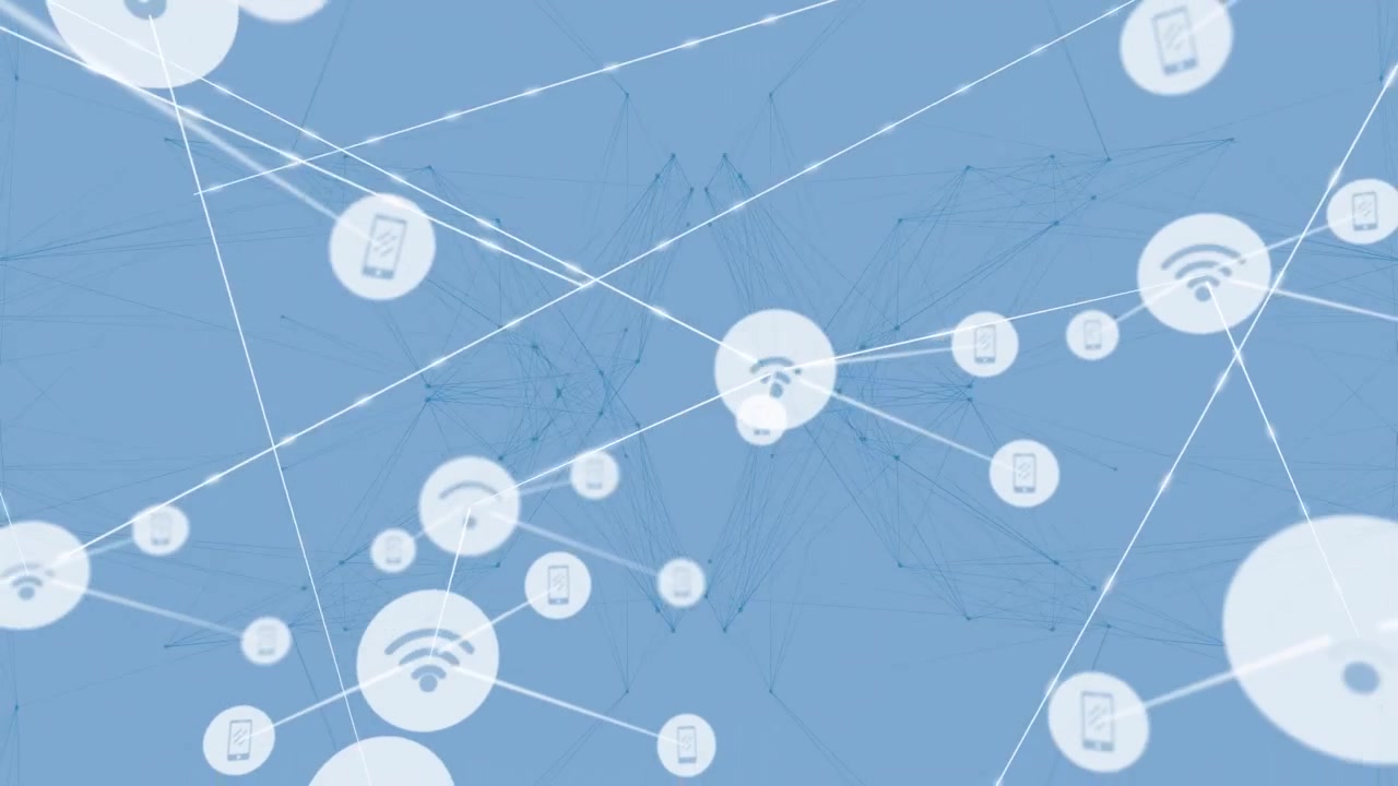Animation d’un réseau de connexions avec des icônes sur des formes sur fond blanc