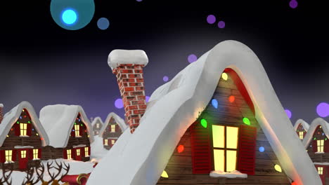 animation of snow falling over houses with fairy lights