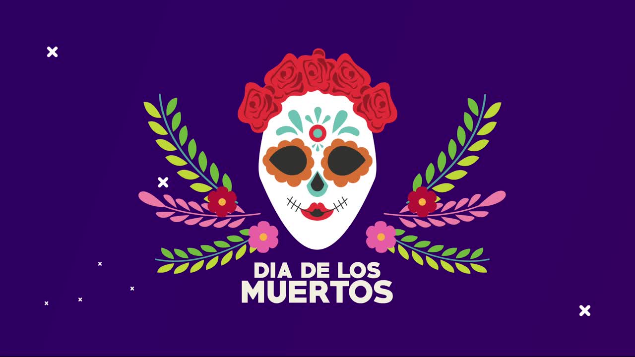 dia de los muertos lettering celebration with katrina skull and leafs