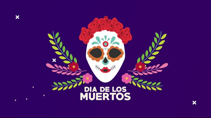 dia de los muertos lettering celebration with katrina skull and leafs