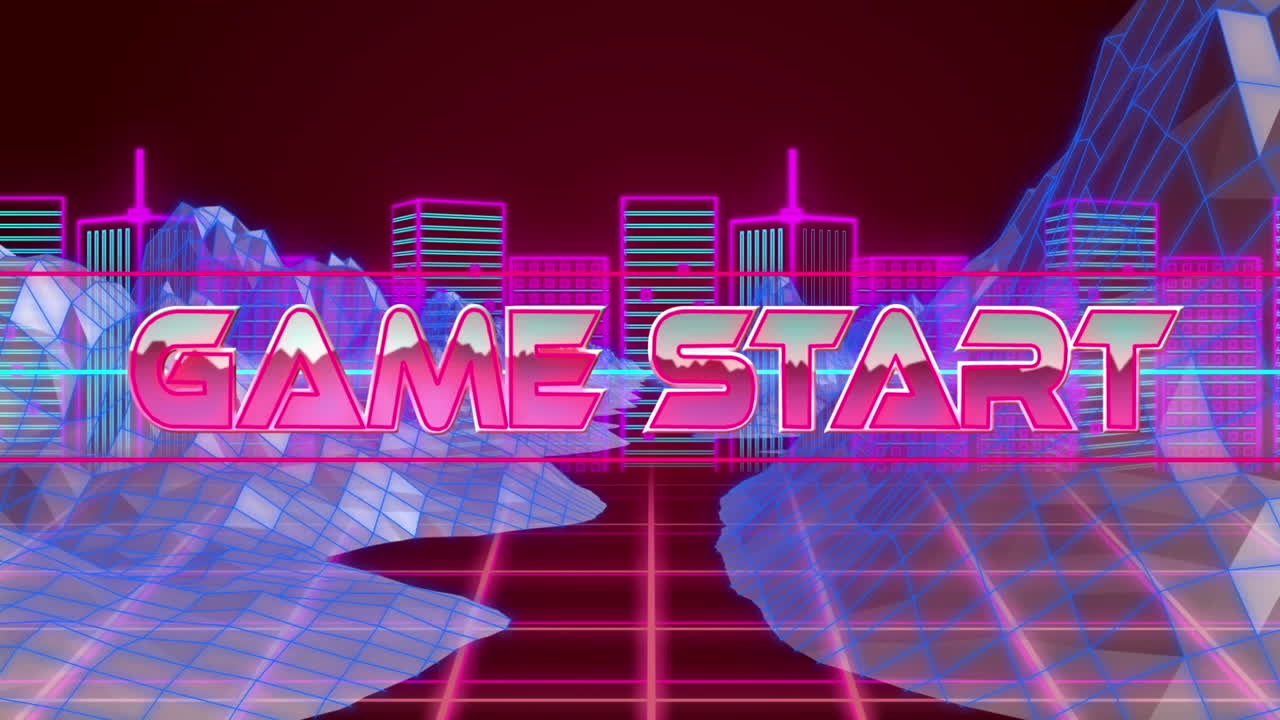 3d 산 구조와  ⁇ 은 배경의 네온 도시 풍경에 대한 네온 배너 위의 게임 시작 텍스트