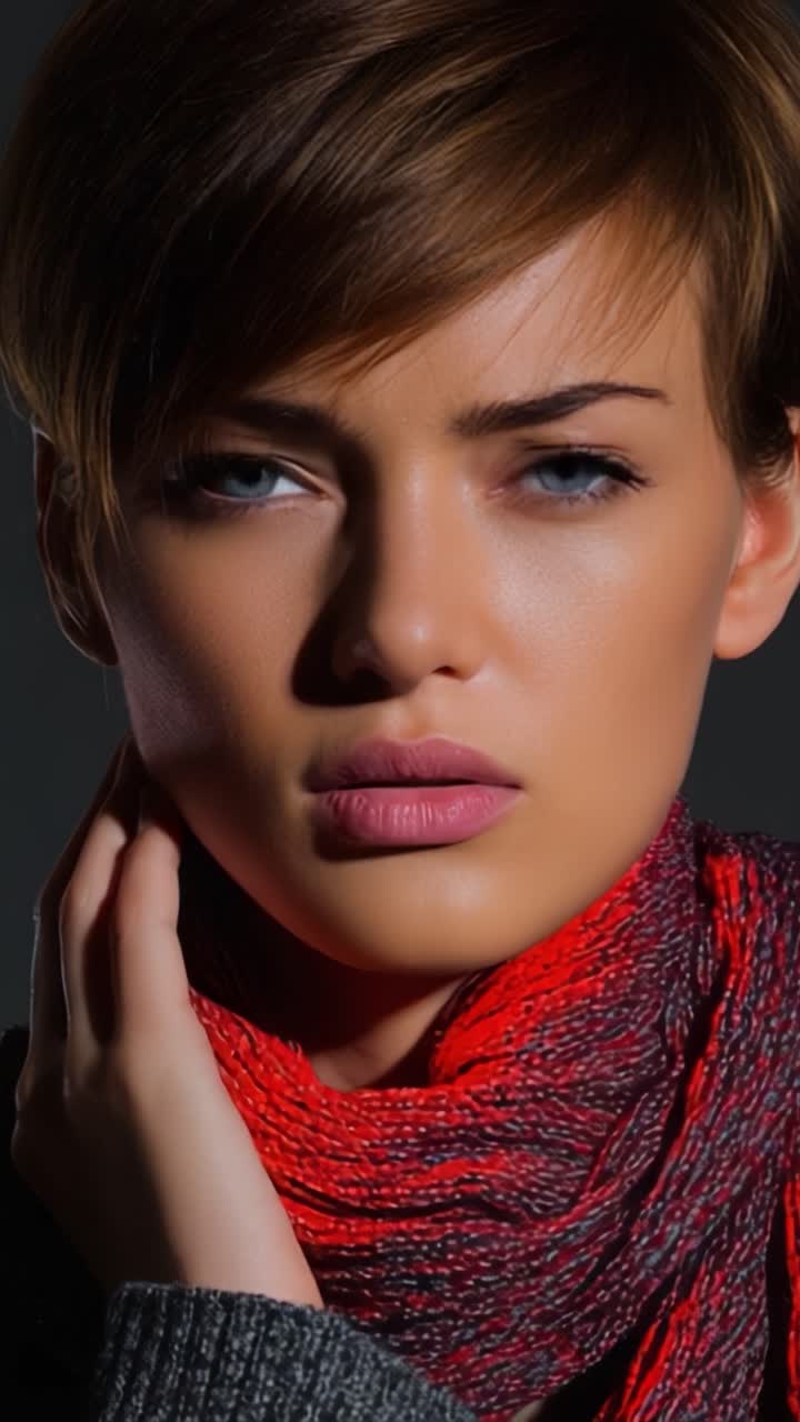 A Captivating Portrait of a Young Woman with Striking Blue Eyes, Wearing a Cozy Scarf, Highlighted by Dramatic Lighting and Intense Expression