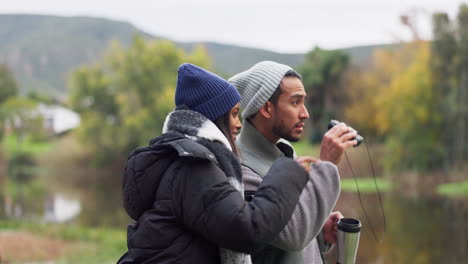 nature, hiking and happy couple with binoculars