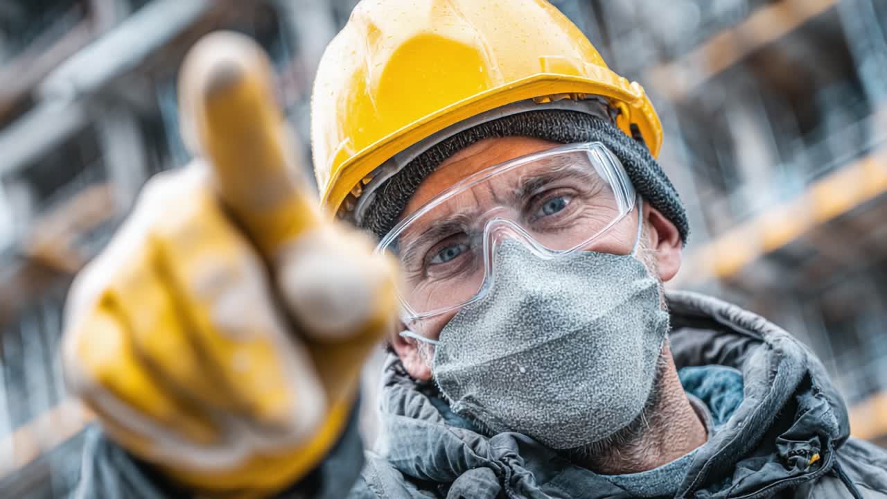 Construction Worker in Safety Gear Pointing Forward with a Focused Expression Amidst a Building Site, Emphasizing Professional Vigilance and Commitment