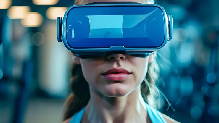 A woman wearing a virtual reality headset in a gym