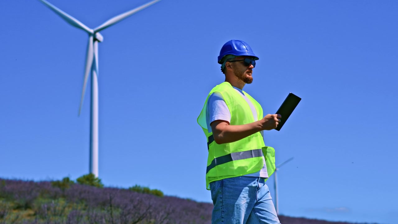 Engineer in Hard Hat and Safety Vest Inspecting Wind Farm