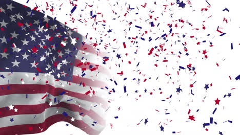 animation of blue firework, and red, white and blue confetti falling over waving american flag