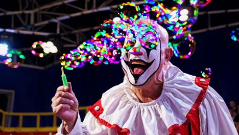 payaso haciendo burbujas en el escenario