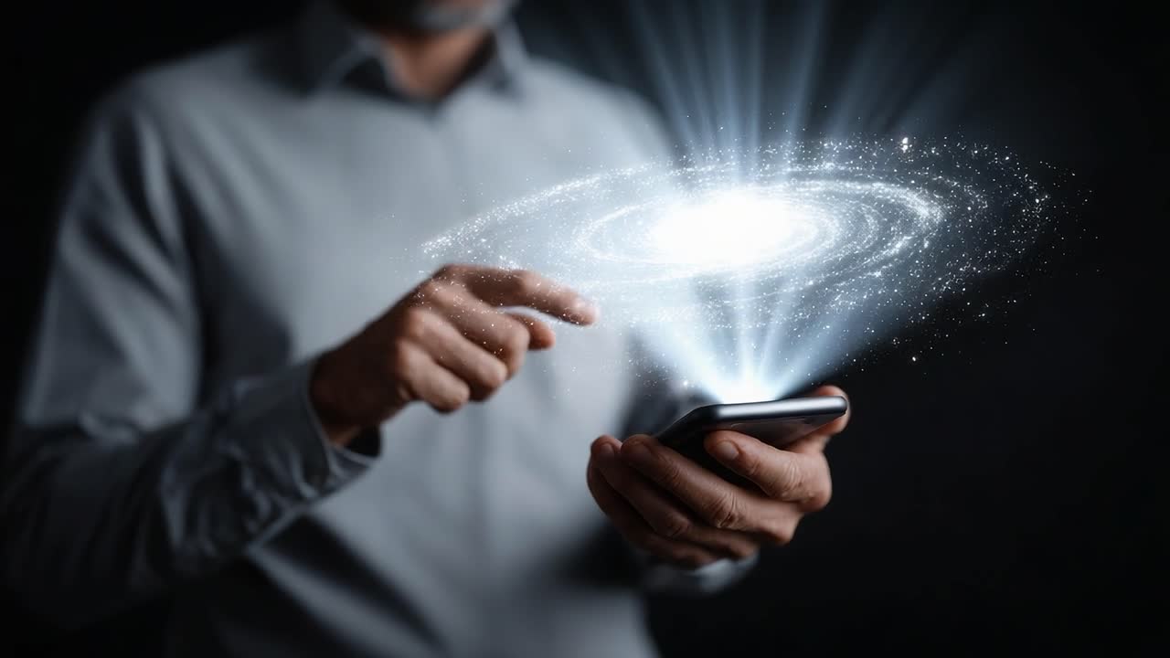 A man interacts with a smartphone, revealing a dazzling cosmic scene with a swirling galaxy, blending technology with the vastness of the universe in a mesmerizing visual interplay