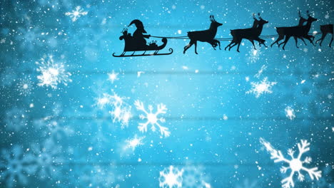animation of santa claus in sleigh with reindeer and christmas snow falling
